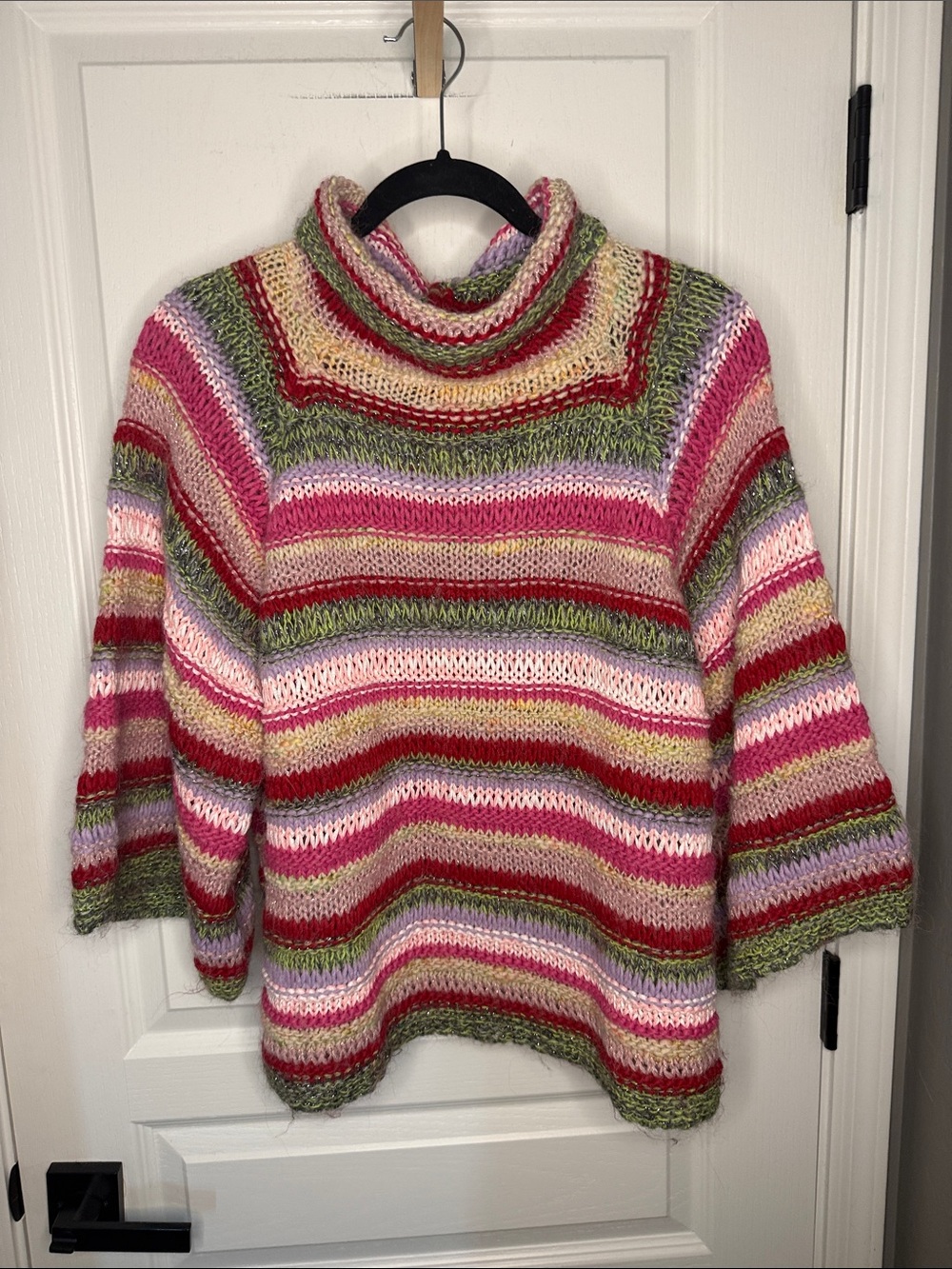 Anthropologie Multicolor Striped Cowlneck Sweater — Pink, Red, Green, Cream